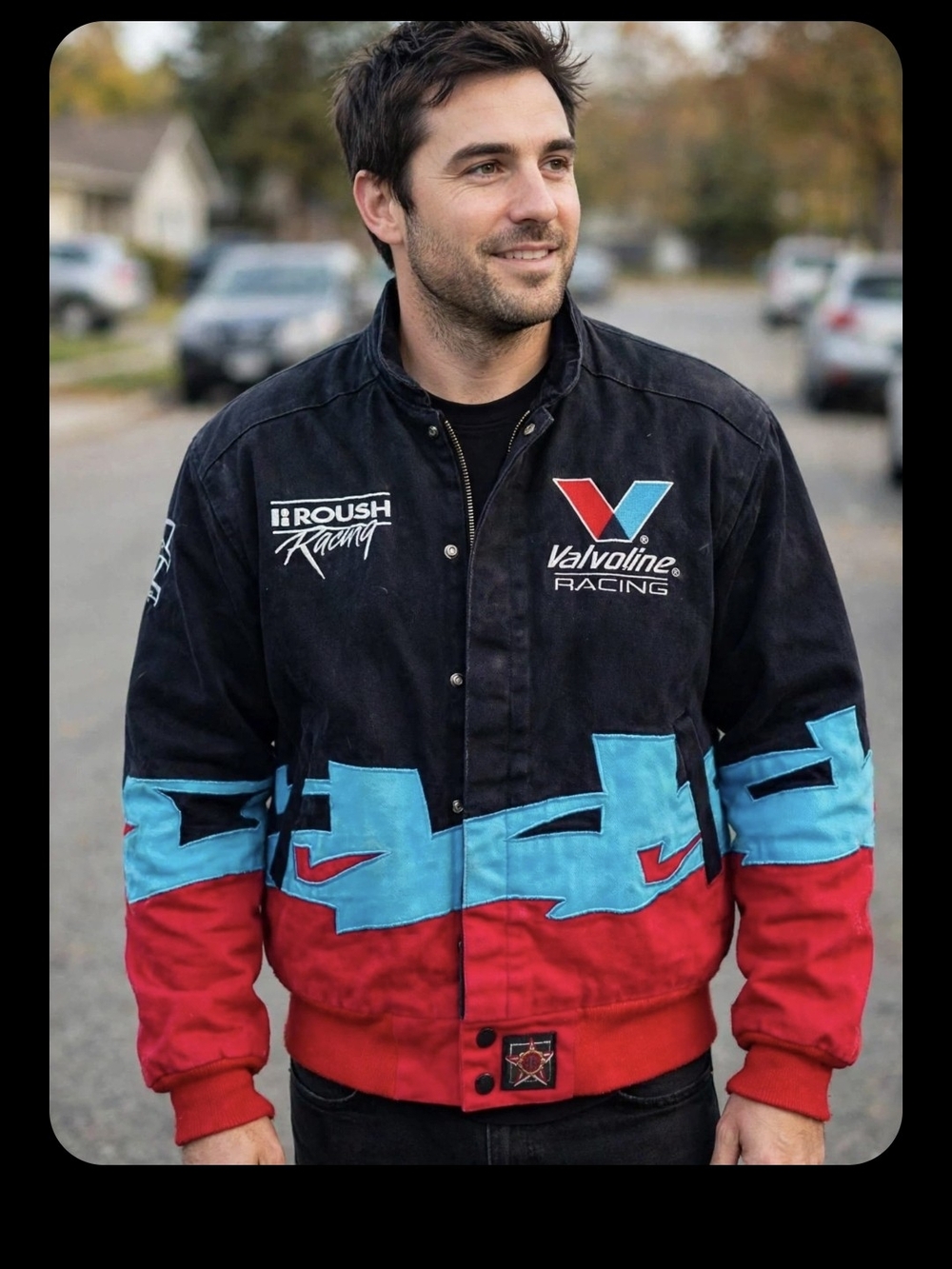 JH Collectibles Black, Red & Light Blue Valvoline Racing Bomber Jacket